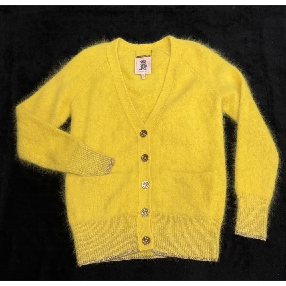 JUICY COUTURE Lemon Yellow Angora Knit Women's Cardigan Sweater Fuzzy Size XS